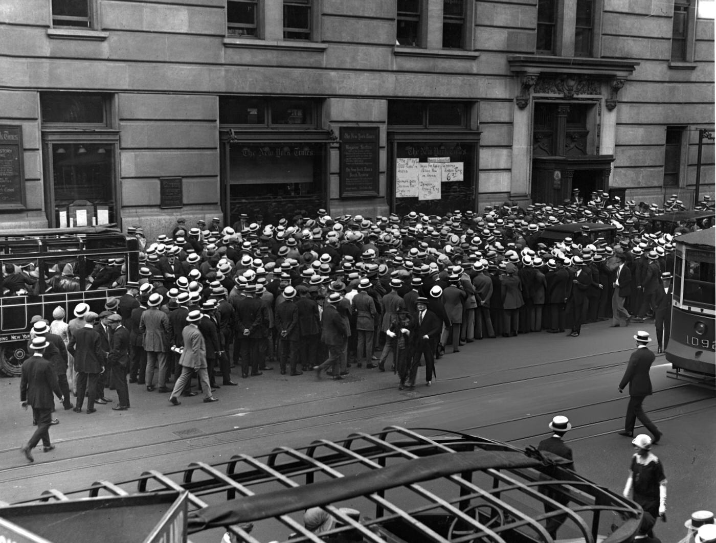 Boxy Back Taxi Accommodating Men In Tall Silk Hats, With The Hotel Astor On The Left And Claridge On The Right, Times Square, 1920S.