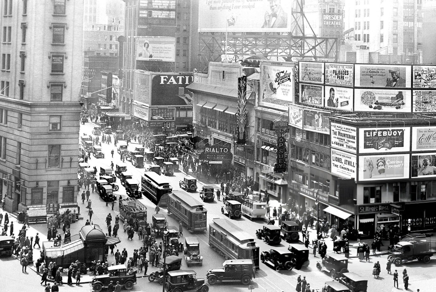 Times Square Winter Scene With Cars In Snow, A Horn &Amp;Amp; Hardart Automat, And Theater Marquees, 1920S.