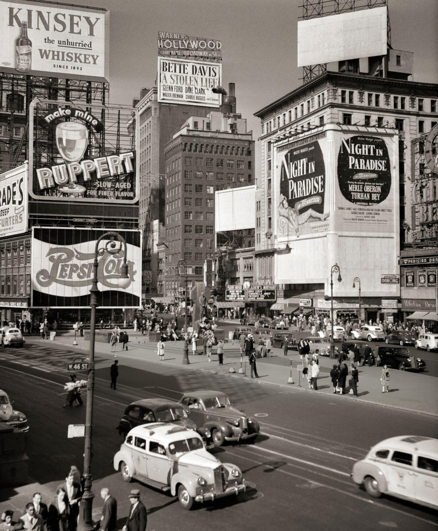 Times Square With Gaudy Signs For Beverages And Movies, 1930S-1940S.