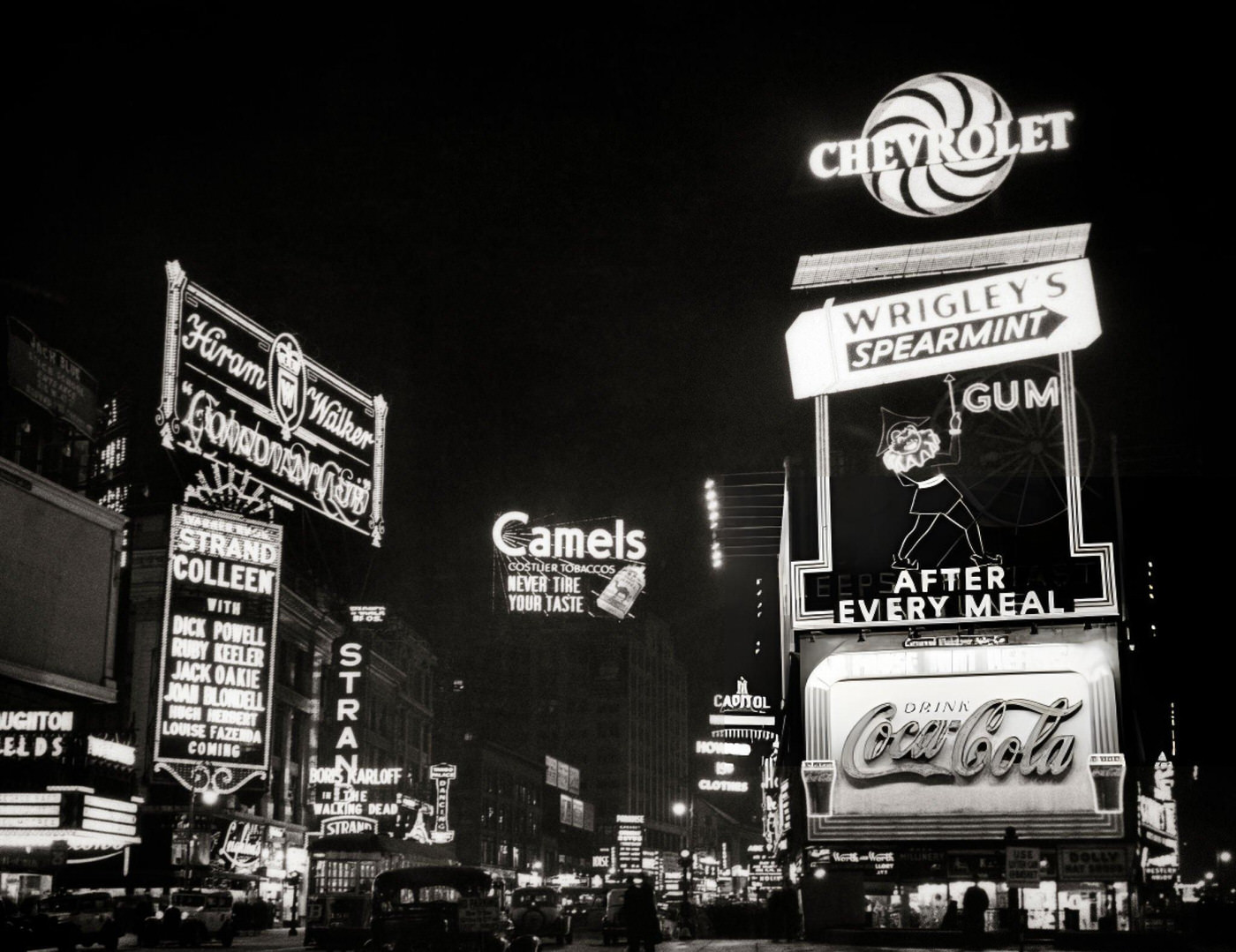 Times Square Broadway 47Th Street Full Of Neon Signs And Marquees At Night, 1930S.