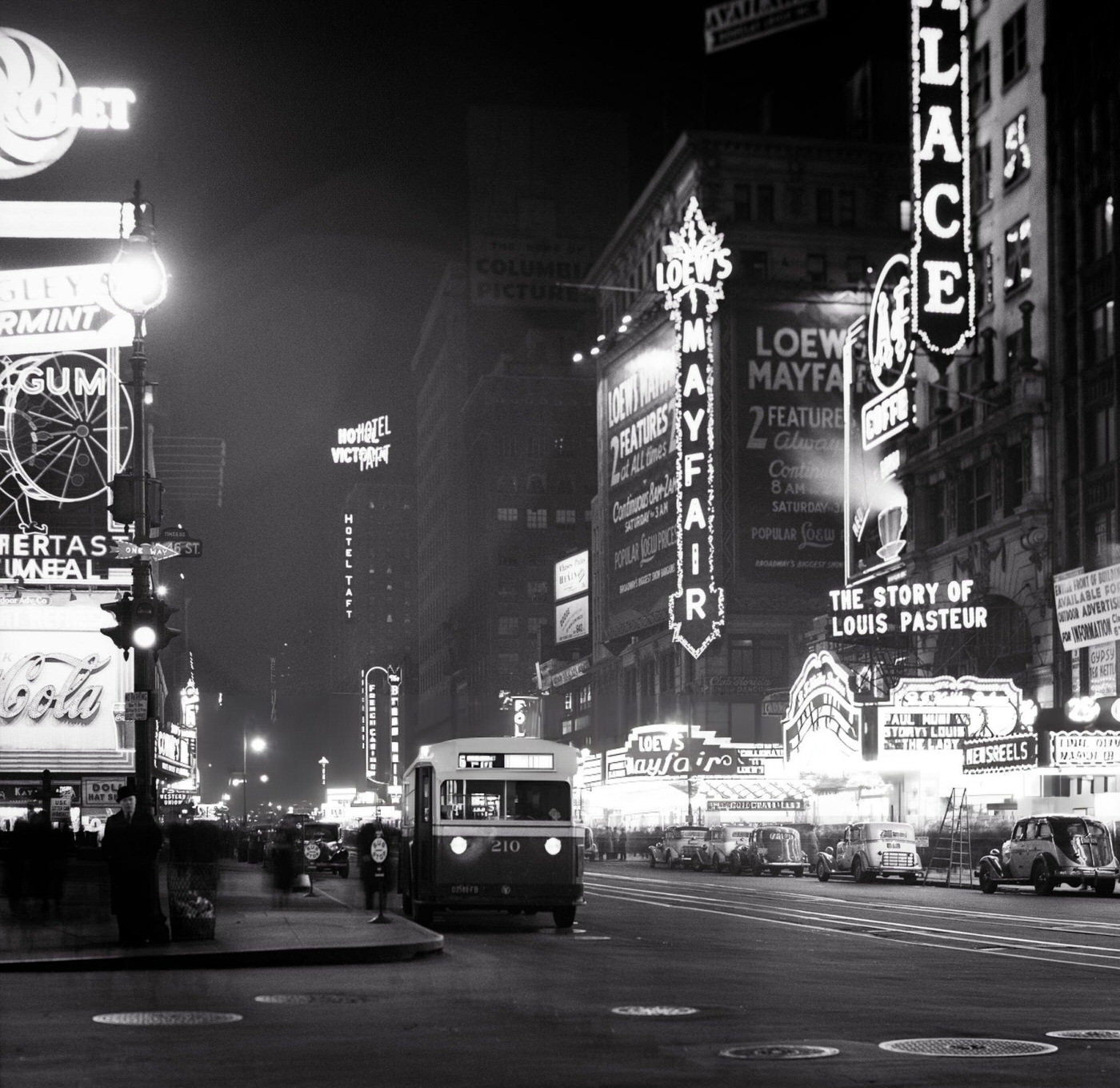 Times Square 46Th Street Night Bus Coming Down Broadway, 1936.