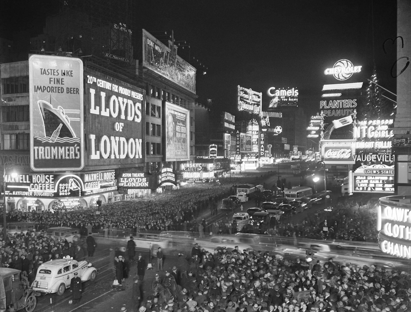 General Scene Looking North On Times Square As Crowds Welcome 1937.