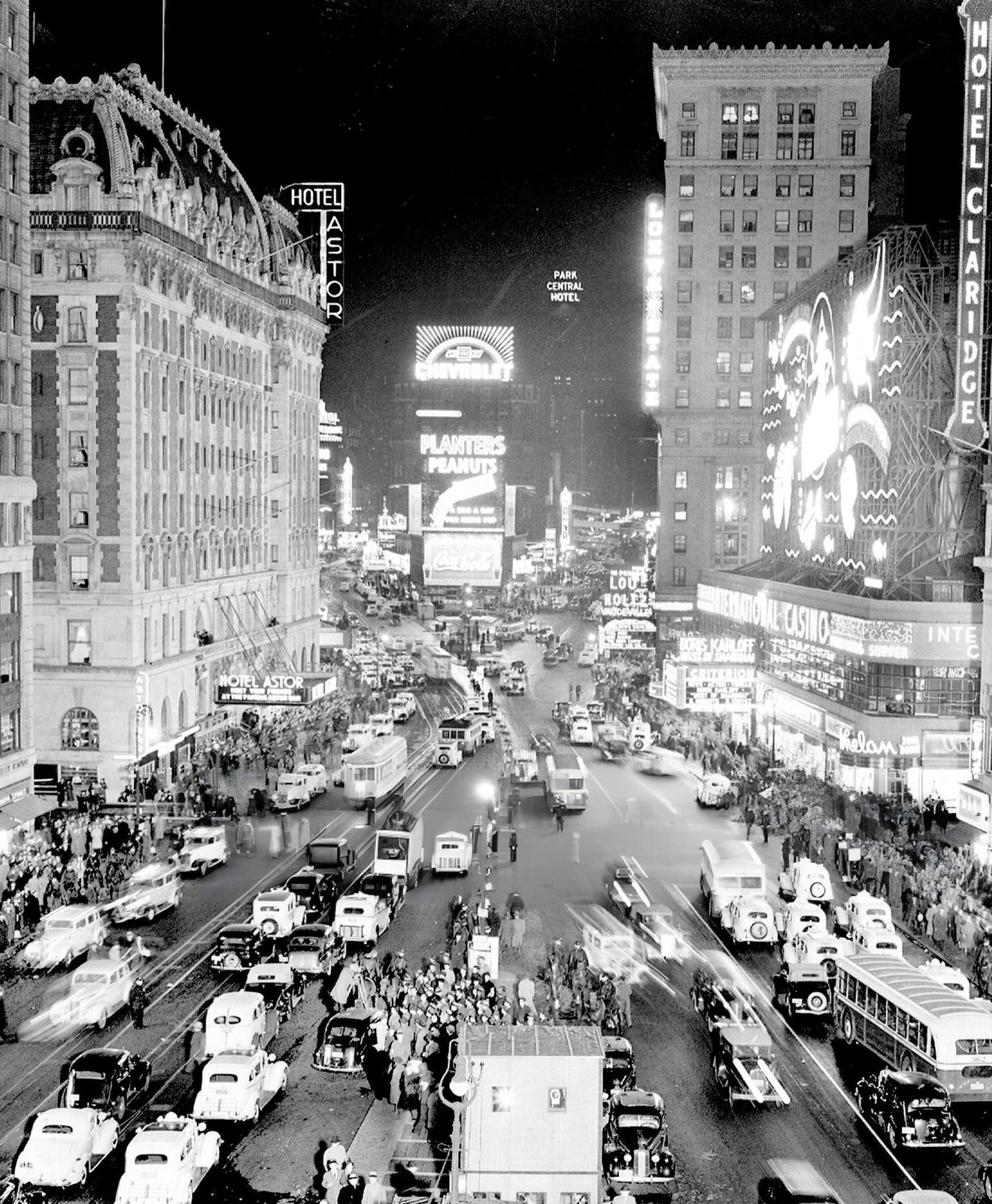 Times Square At Night Is A Vision Of Lights And Traffic, November 1930S.