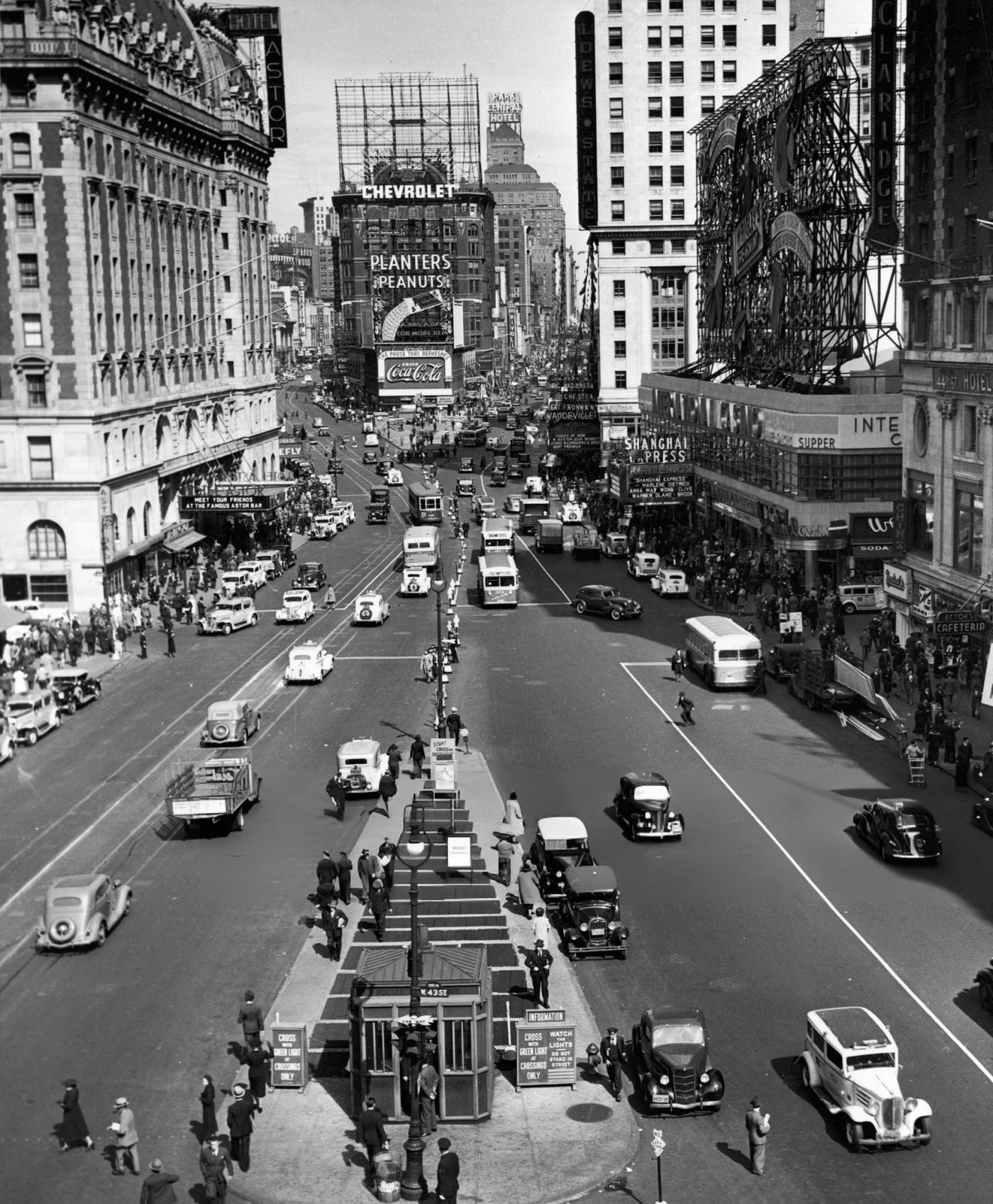 High-Angle View Of Times Square Looking North From Broadway And Seventh Avenue At 42Nd Street, Late 1930S.