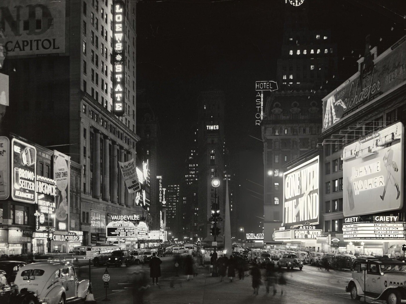 Neon Lights Brighten The Times Square Theater District, 1939.