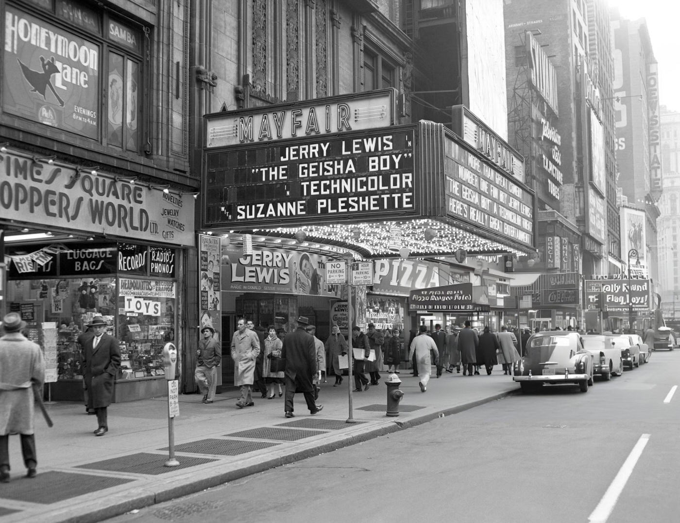 General View Of The Marquee Of The Mayfair Theater On Manhattan'S Seventh Avenue, Showing 'The Geisha Boy', Near Times Square, December 24, 1958.