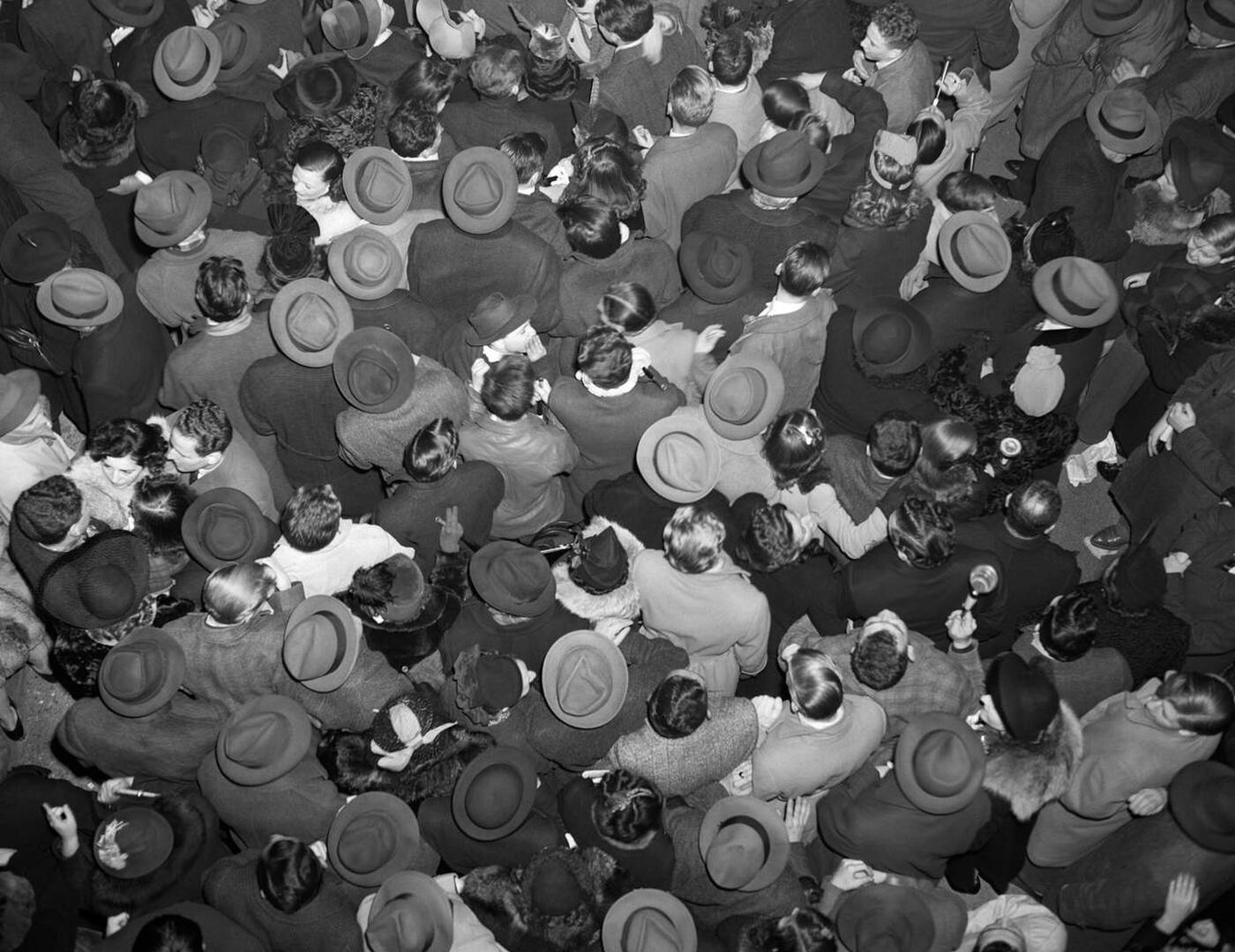 Aerial View Of A Crowd Of Men And Women In Times Square Celebrating New Year'S, 1950.