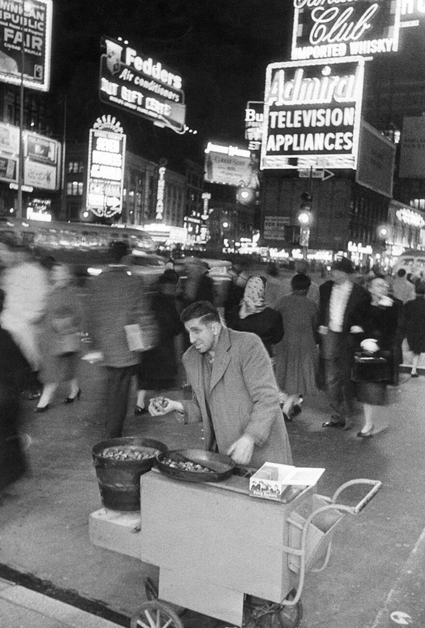 Chestnut Vendor On Times Square In New York, 1950.