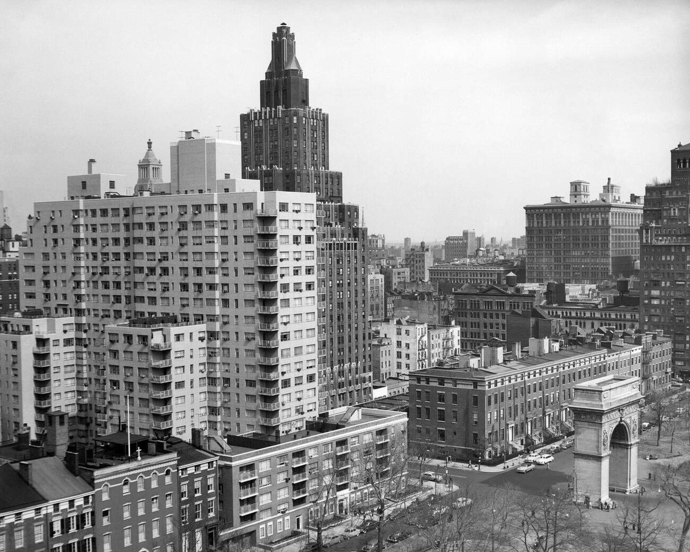 View Looking North With The Arch, Fifth Avenue Buildings, And Washington Square Park, January 1, 1954.