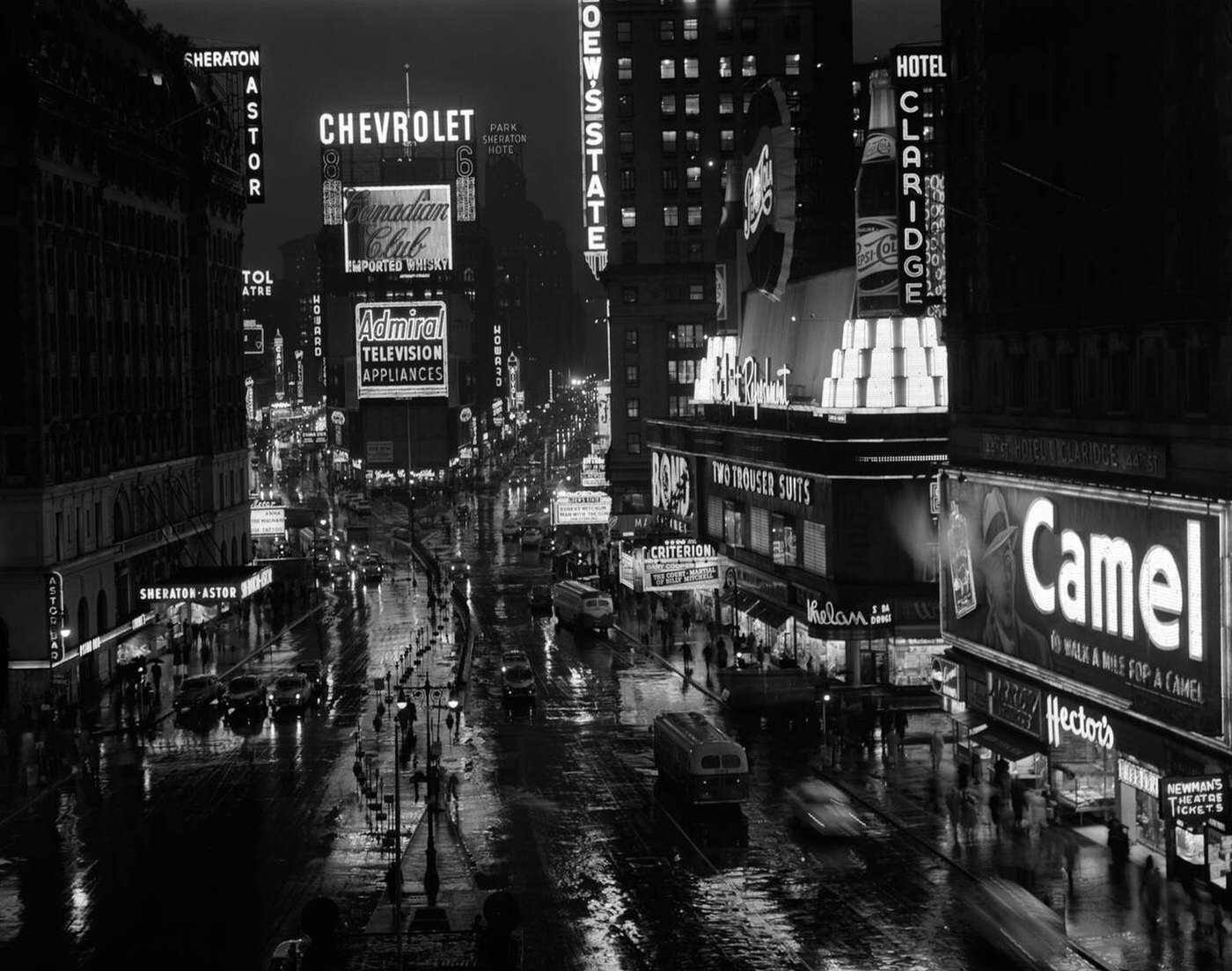 Times Square At Night From Times Building Up To Duffy Square With Neon Signs On Broadway, 1950S.