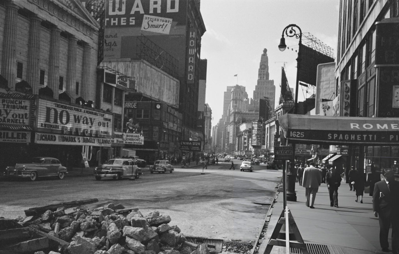 Roadworks To Widen Broadway Outside The Rivoli Theatre At W 50Th Street Near Times Square, 1950.