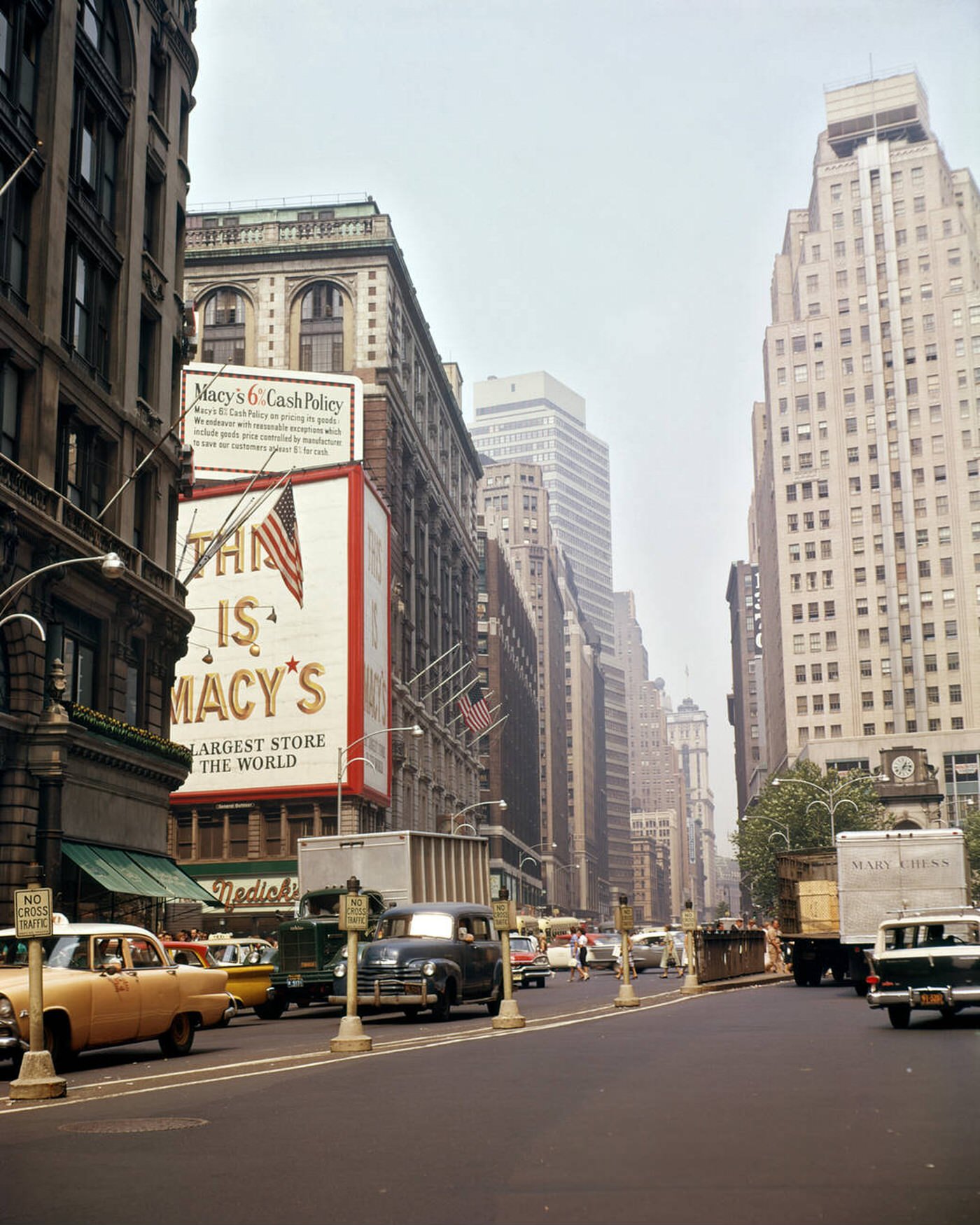 Traffic Cars Trucks Taxis On Broadway At Herald Square And Macy'S Department Store, August 29, 1959.
