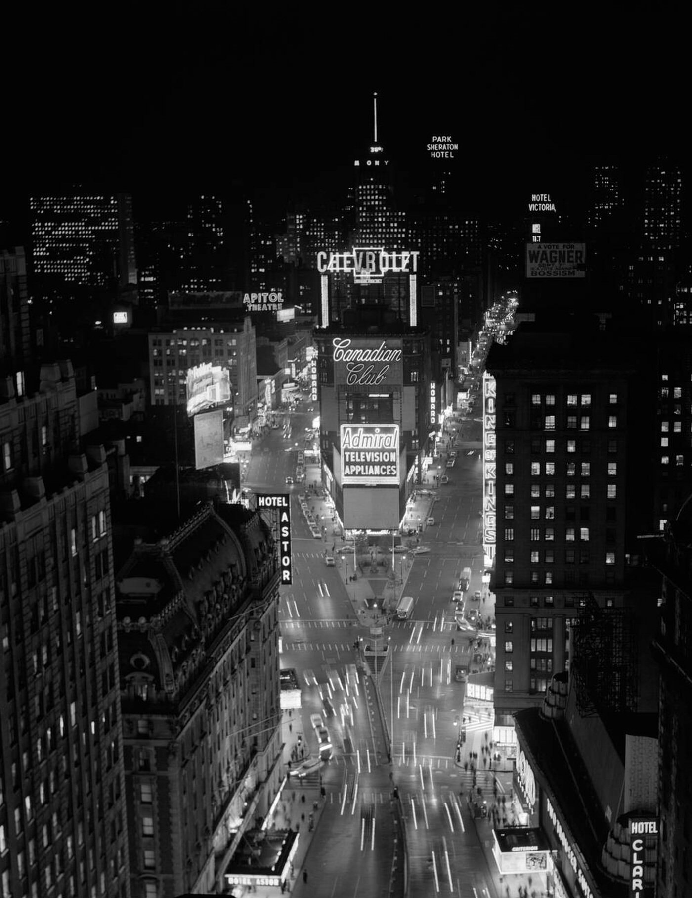 Night Aerial View Of Times Square From Times Building Looking North, 1950S