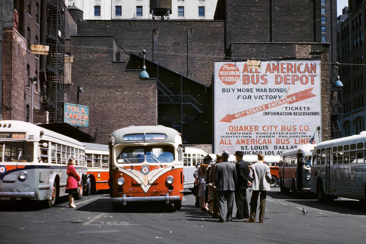 Buses And Passengers At Times Square Terminal Of Public Service And All American Bus Lines.