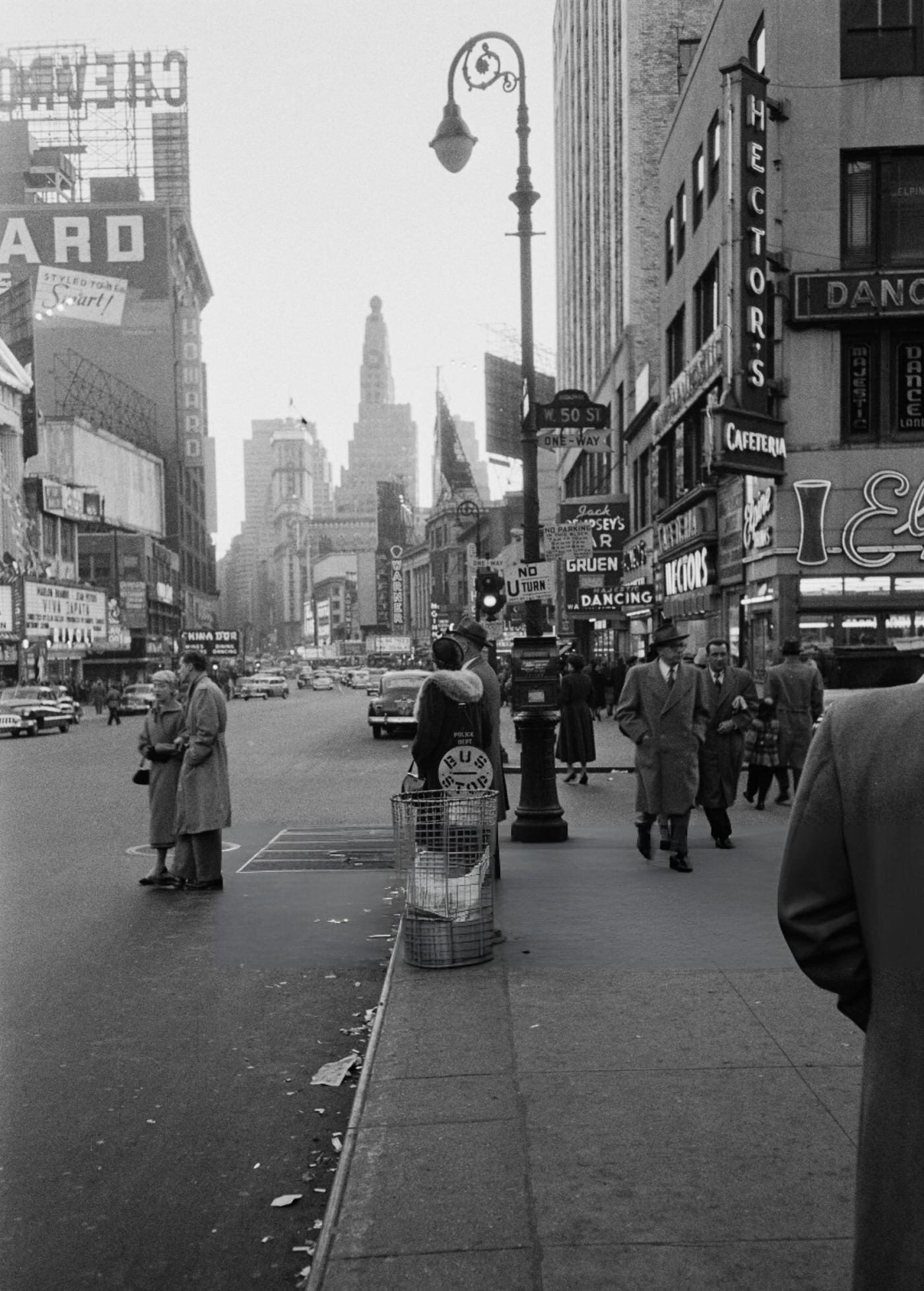 The Junction Of Broadway And W 50Th Street, Looking South Toward Times Square With Hector'S Cafeteria On The Right, 1952.