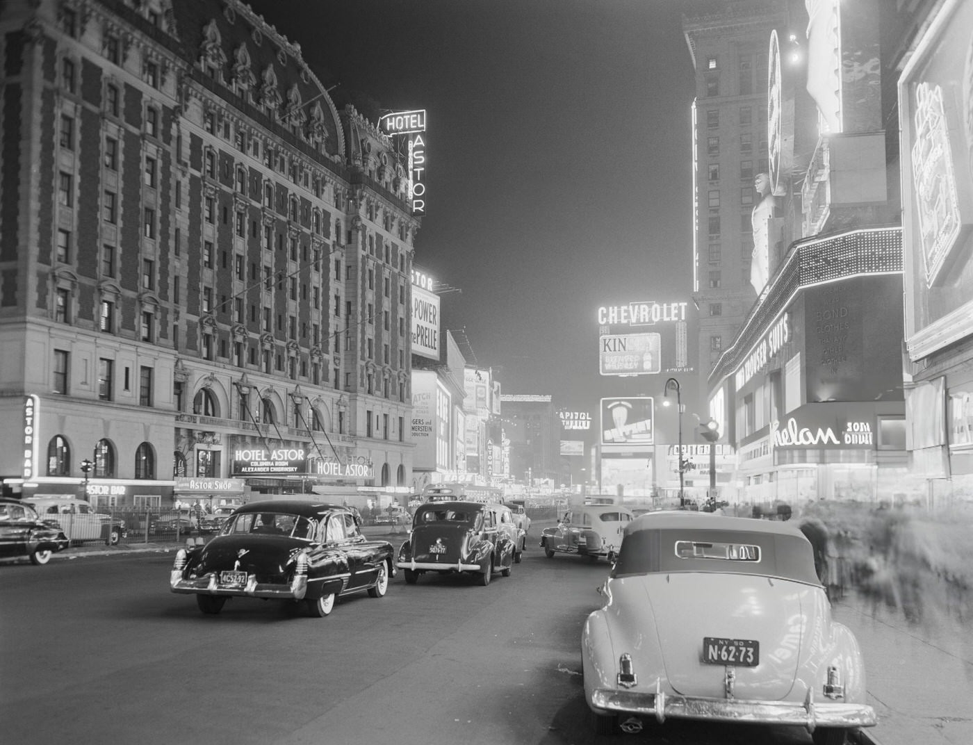 Times Square And Broadway At Night, Circa 1950S.