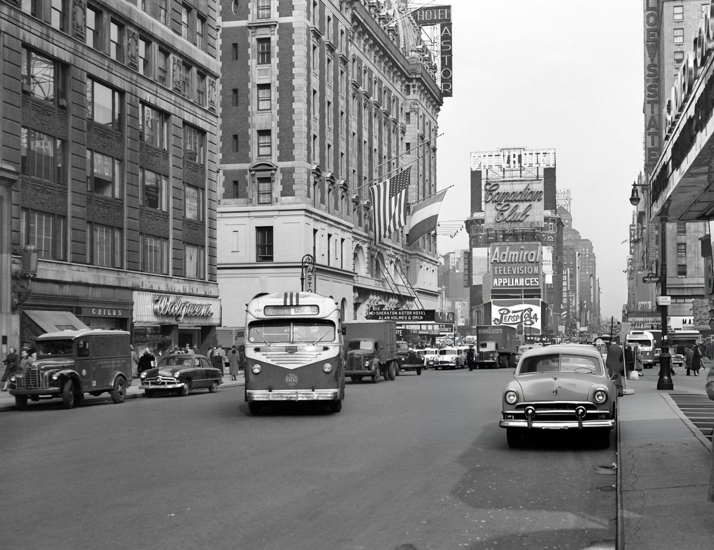 Times Square Traffic, Broadway Bus Looking North To Duffy Square From West 44Th Street, 1950S.