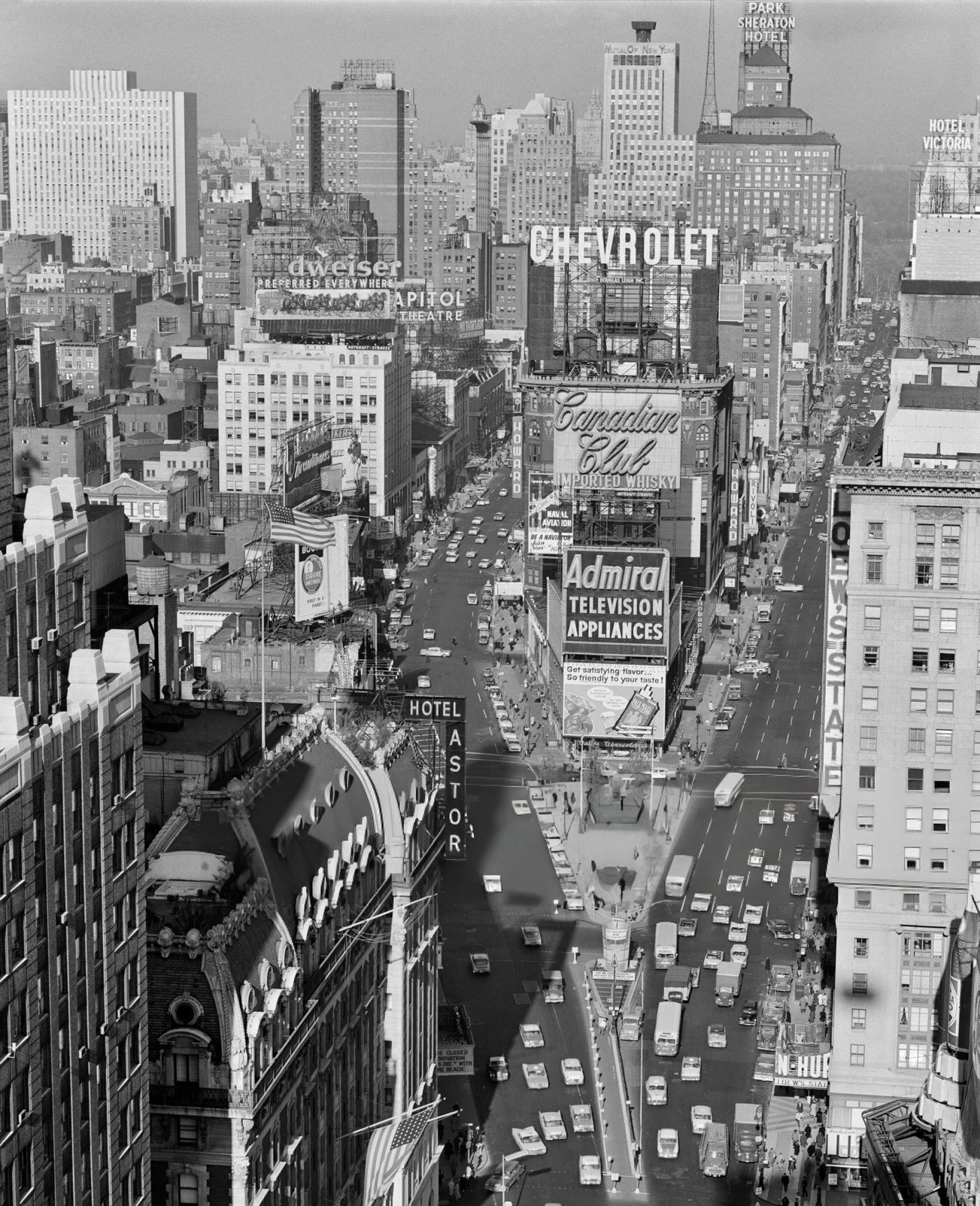 Elevated View Of Times Square Traffic Looking North To Duffy Square, 1950S.