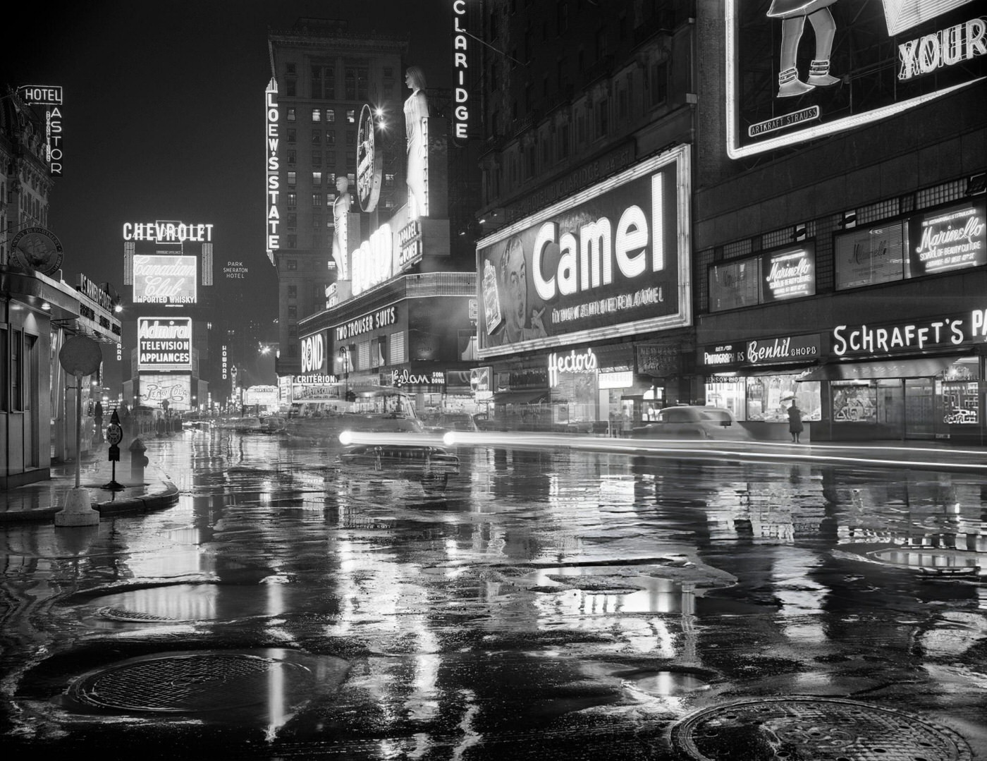 Wet Rainy Streets Of Times Square At Night With Neon Signs, 1950S.