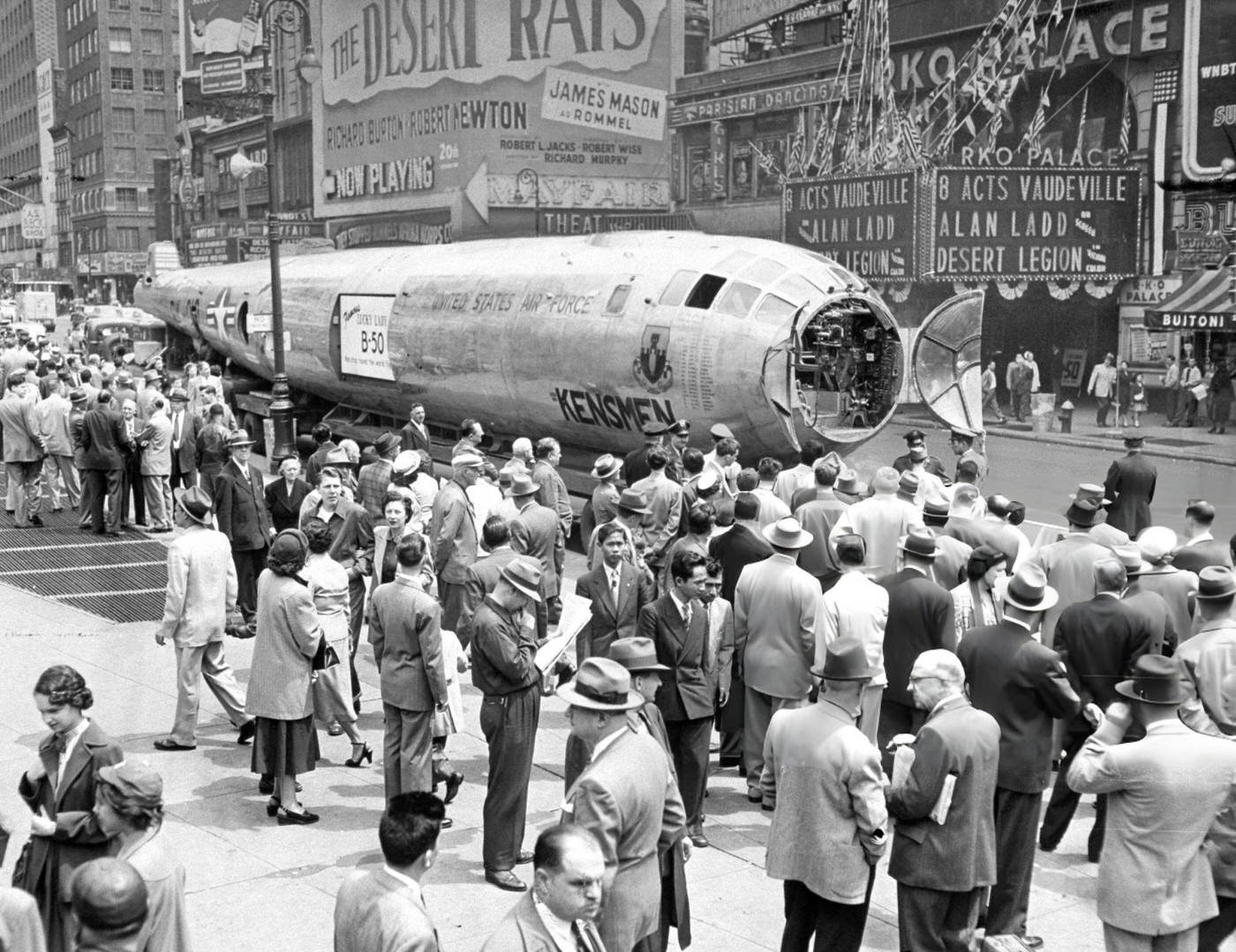 Crowds View The Fuselage Of B-50 &Amp;Quot;Lucky Lady,&Amp;Quot; The First Plane To Circle The Globe Non-Stop, At Duffy Square, May 10, 1953.