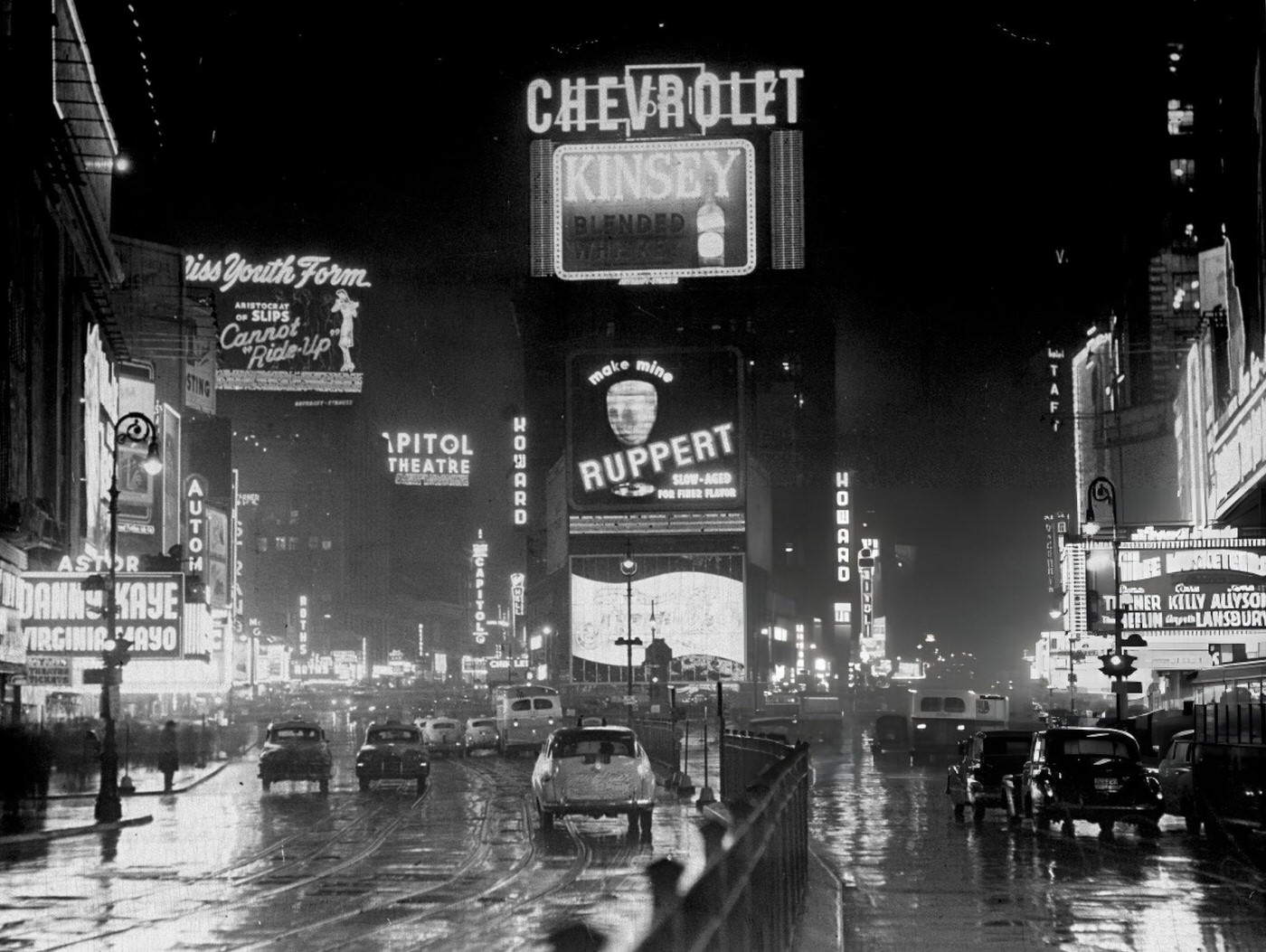 Broadway And Times Square At Night During The 1950S.