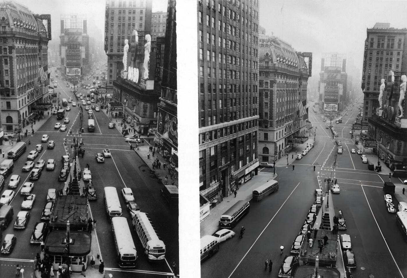 New York: View Of Times Square Looking North. Photo Left: Normal Morning Traffic, Photo Right: A Few Minutes Later After Siren Alarm During An Air Raid Drill - 1954.