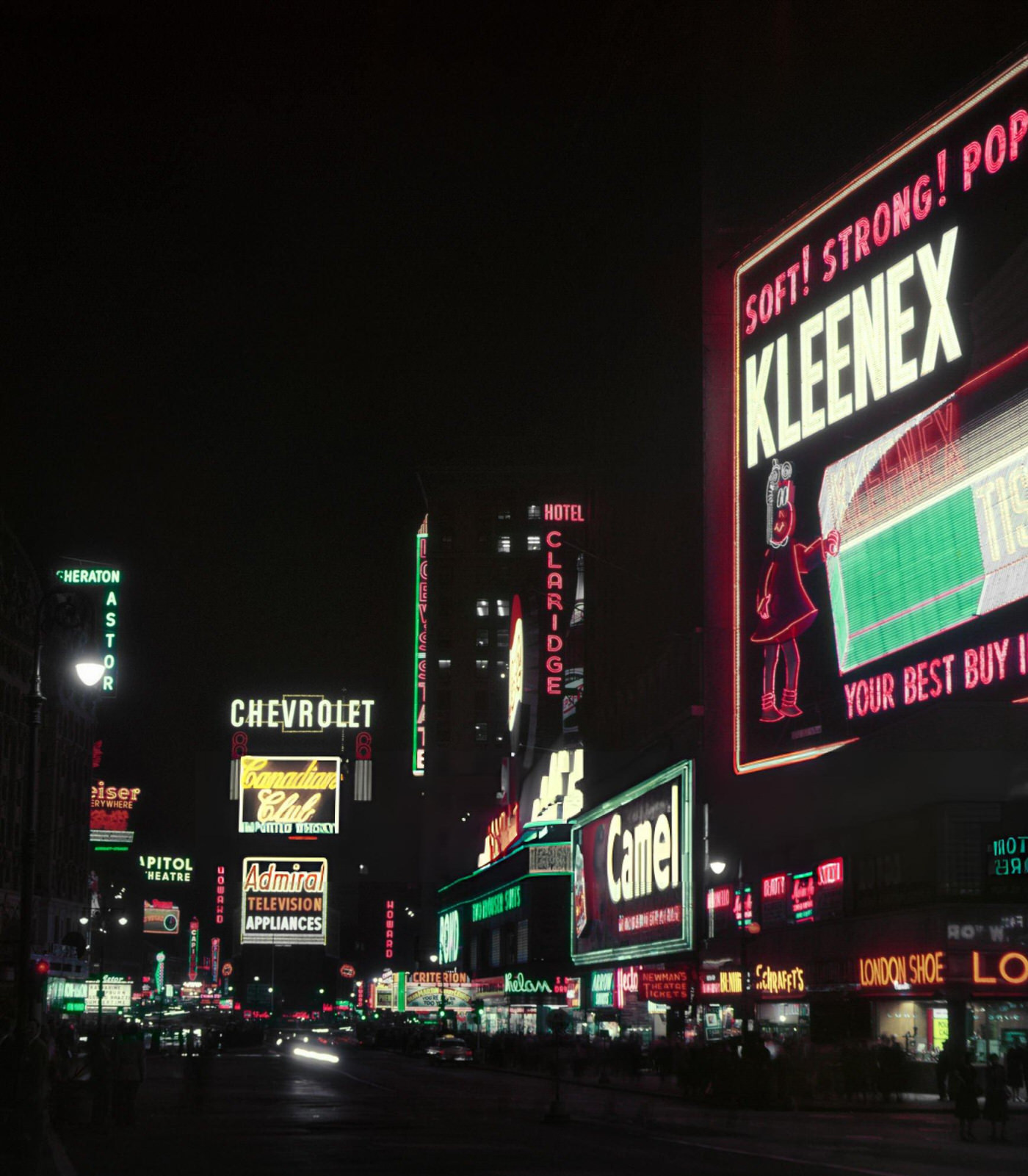 Times Square At Night With Neon Lights, Ads, And Marquees Looking North To Duffy Square, 1950S.