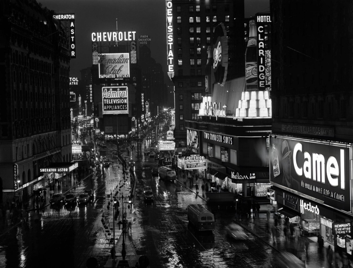 Times Square At Night With Neon Signs On Broadway, 1950S.