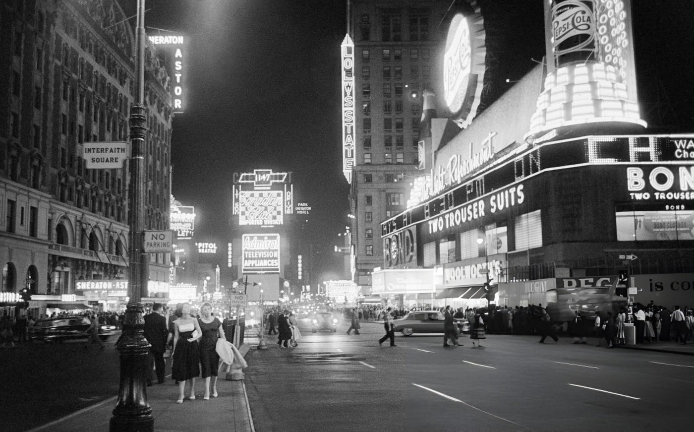 Night Time View Of Neon Signs Illuminating Times Square As Cars And Pedestrians Cross The Intersection Of Broadway And 7Th Avenue, 1957.