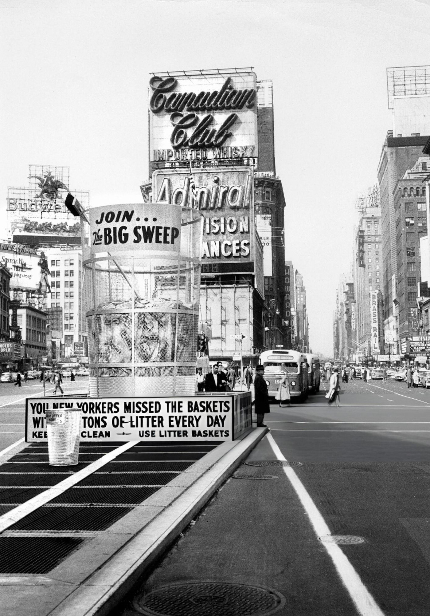 Large Trash Can With Sign That Reads &Amp;Quot;Join The Big Sweep&Amp;Quot; Times Square, April 1957.