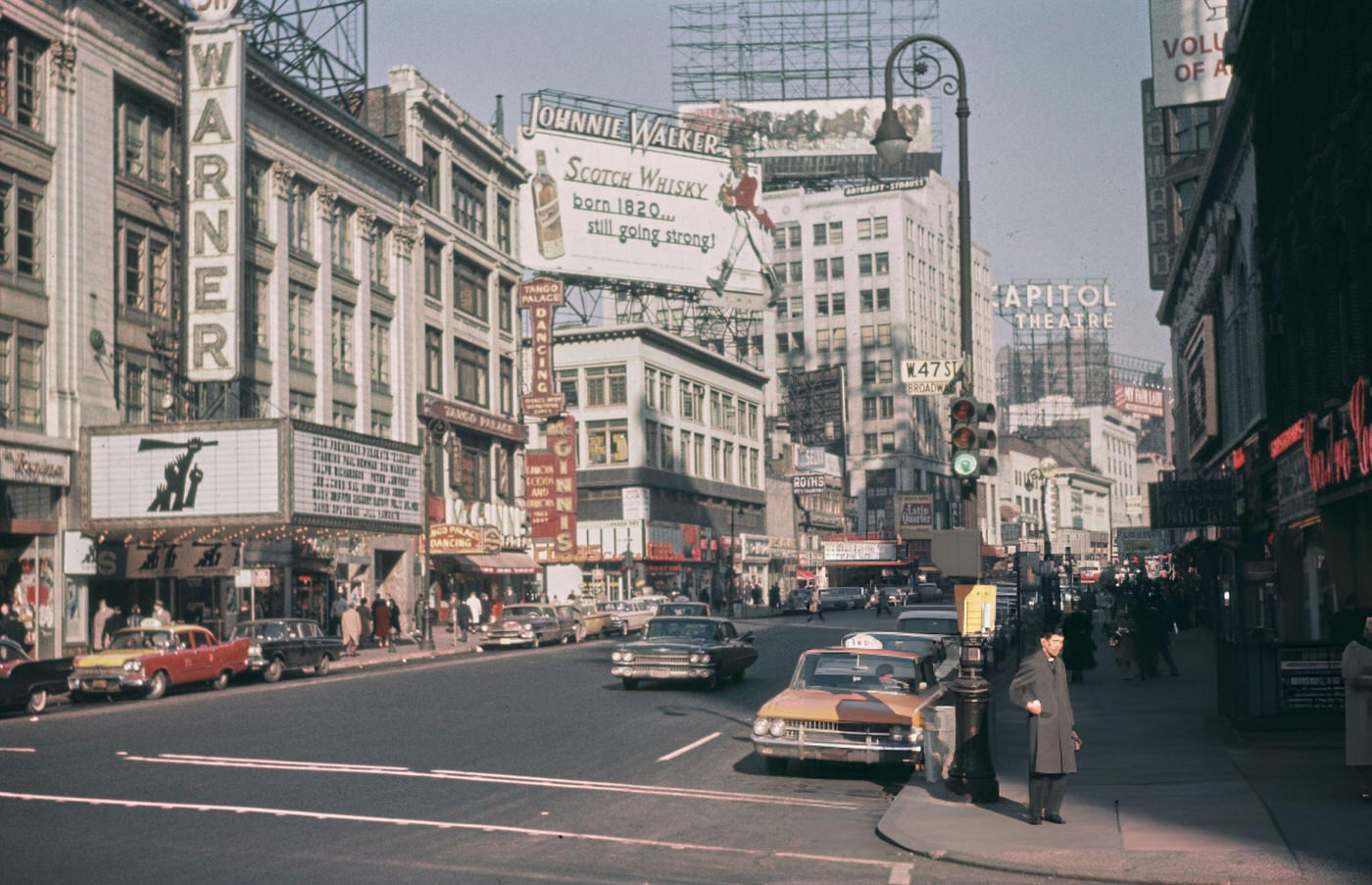 Traffic And Pedestrians On Broadway Between West 47Th And West 48Th Streets, North Of Times Square, 1960.