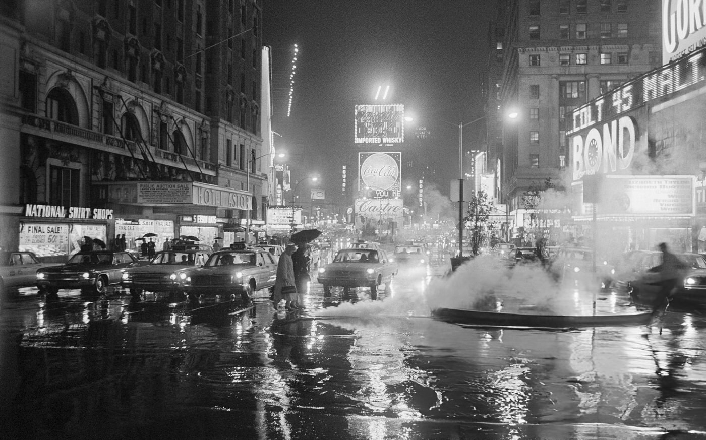 Travelers In The Rain On Forty Second Street In Times Square, September 21, Where 5.54 Inches Of Rain Were Recorded.