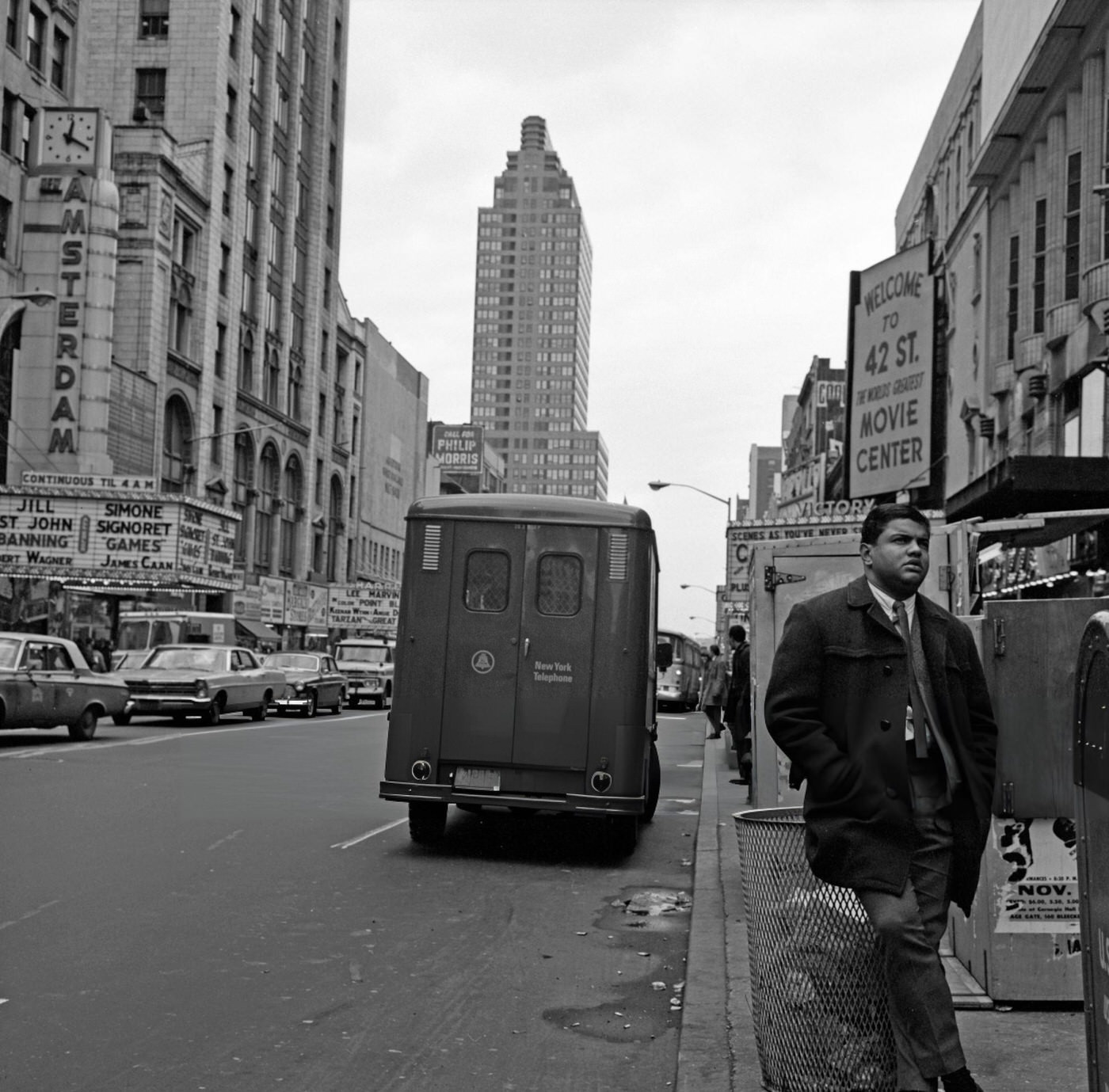 A Man Leans Against A Garbage Can In The Theater District On 42Nd Street In Times Square, January 1, 1967.