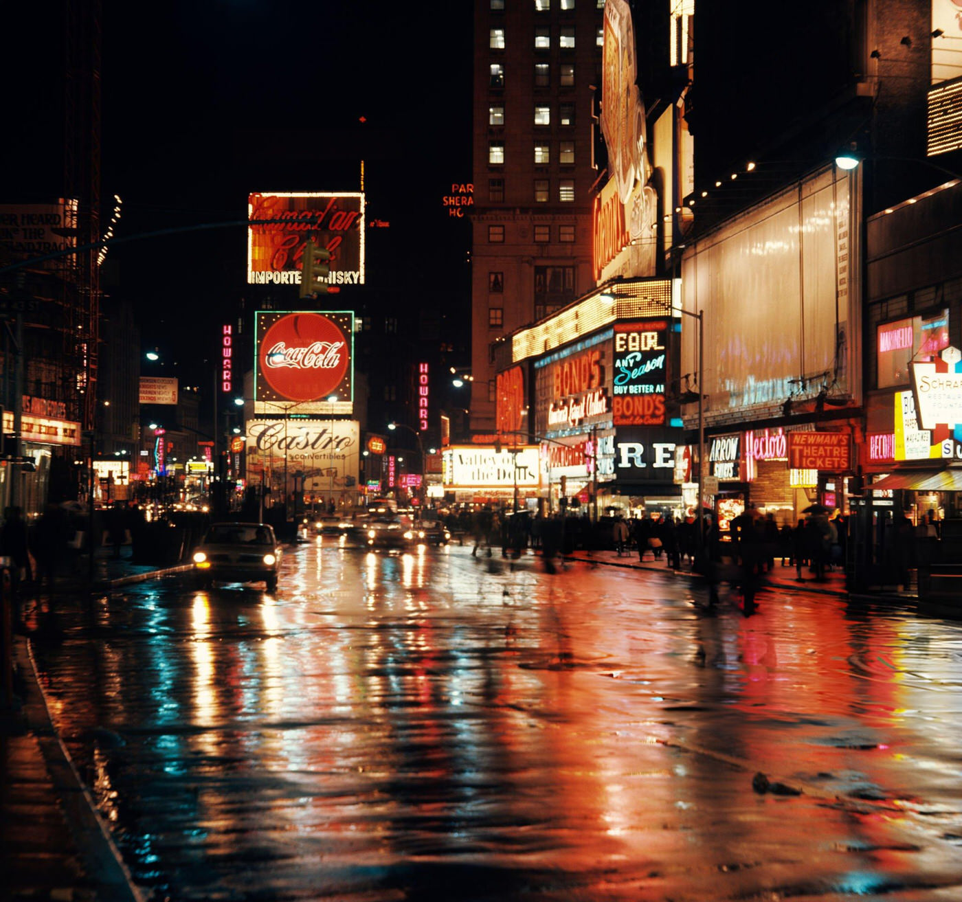 Wet Street And Neon Lights At Night In Times Square, 1960S Circa 1967.