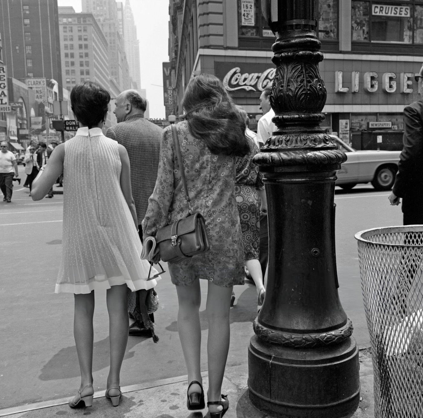 Two Teenage Girls Dressed In 1960S Fashion Prepare To Cross 42Nd Street In Times Square, June 1, 1967.