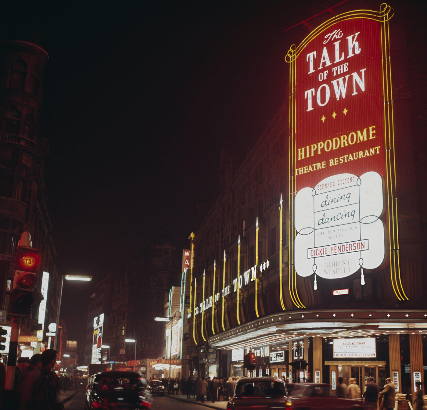 Exterior Night Time View Of The Hippodrome Theatre In London, Converted To The Talk Of The Town Nightclub, 1965.