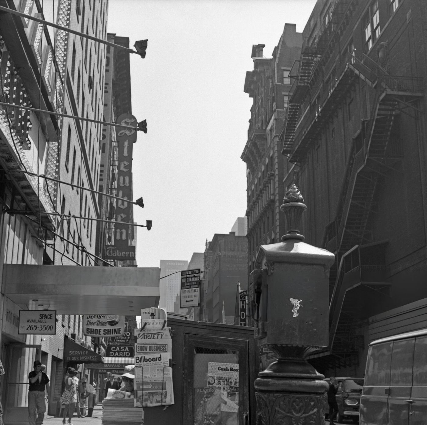 View Looking Down 47Th Street Near Broadway In Times Square Of The Steuben Tavern, And Local Mom And Pop Small Businesses, June 1, 1967.