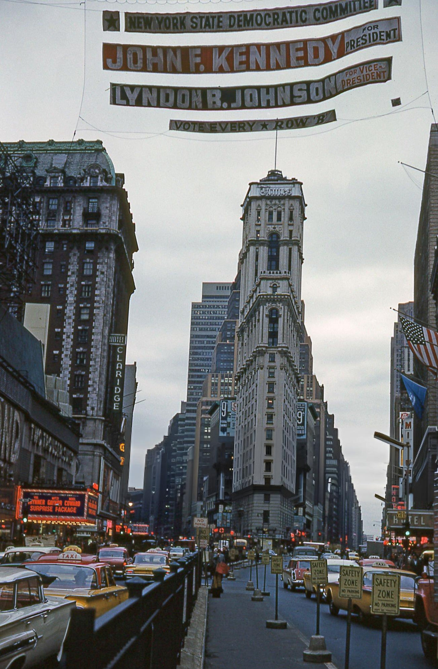 A Presidential Campaign Banner For John F Kennedy And Lyndon B Johnson Hangs Above Broadway In Times Square, October 1, 1960.