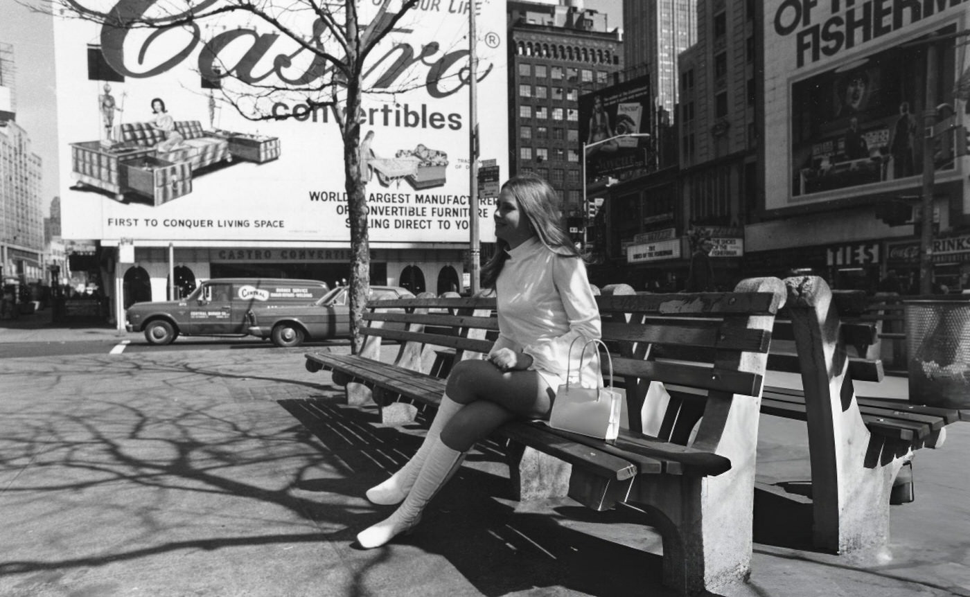 Actress Linda Hayden On A Bench In Times Square, 1969.