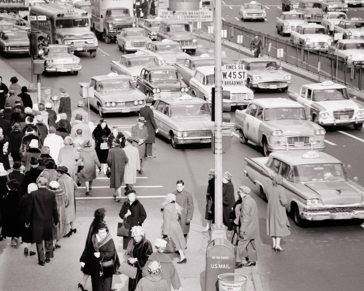 Intersection Of Broadway And 45Th Streets At Times Square With Pedestrians, Cars, Taxis, 1962.