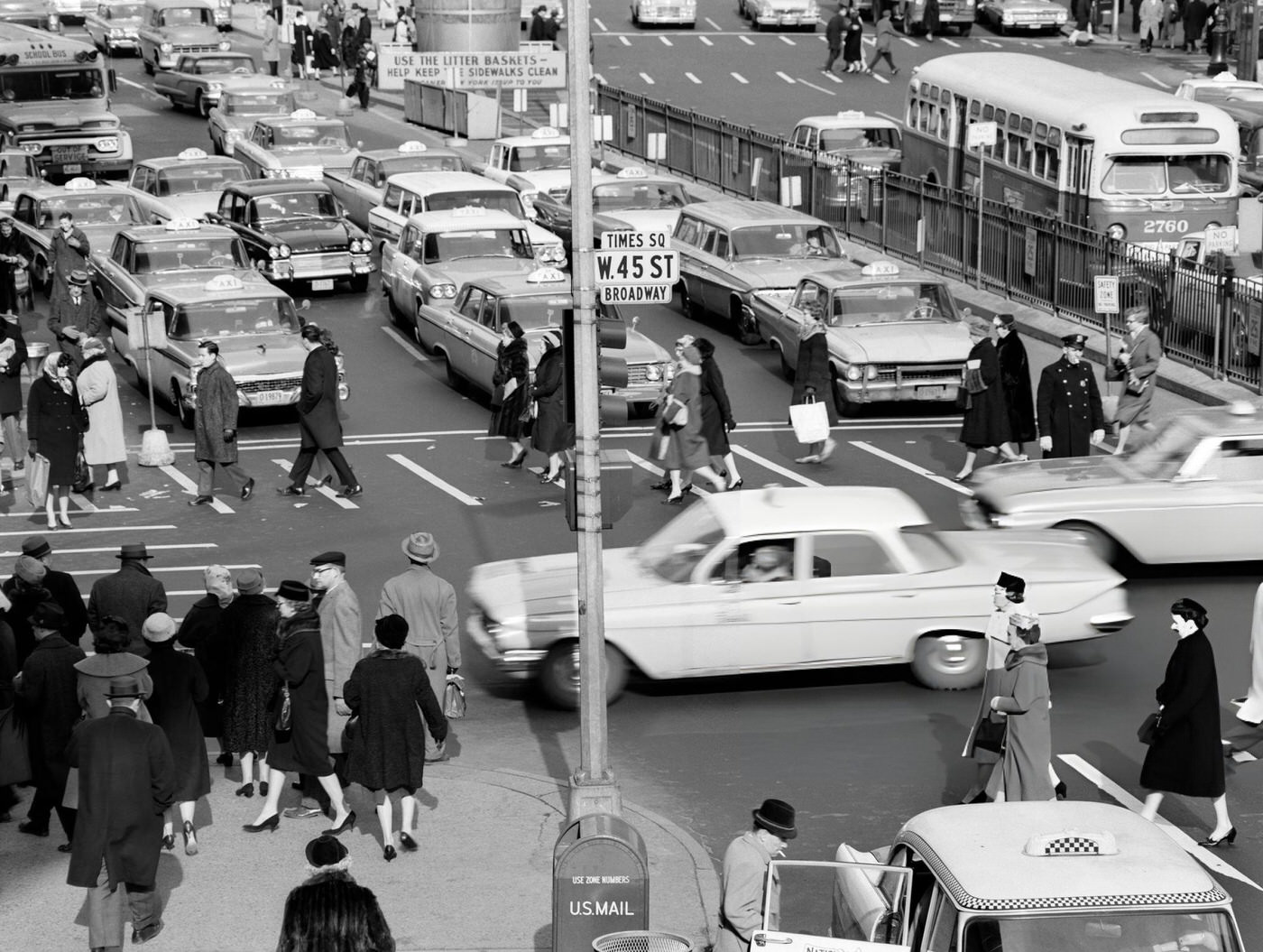 Busy Intersection Of Cars, Traffic, And Pedestrians In Times Square, Broadway And West 45Th Street, 1960S.