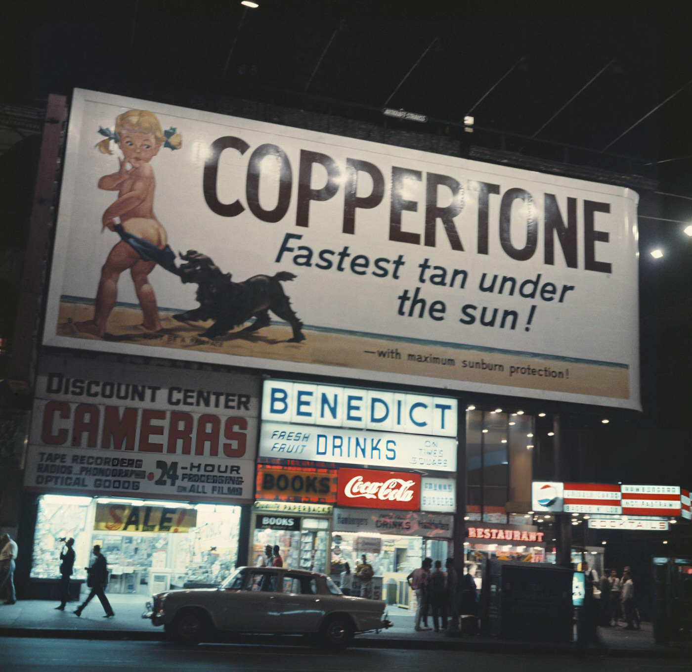 An Advertisement For Coppertone Sunscreen In Times Square, Circa 1961.