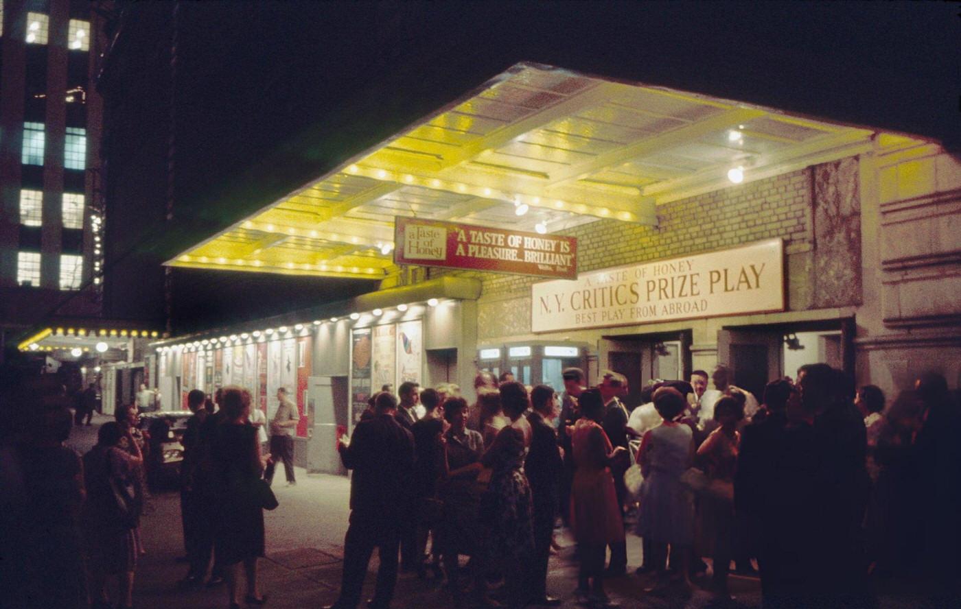 Crowd Outside Booth Theater At Night, New York City, July 1961.
