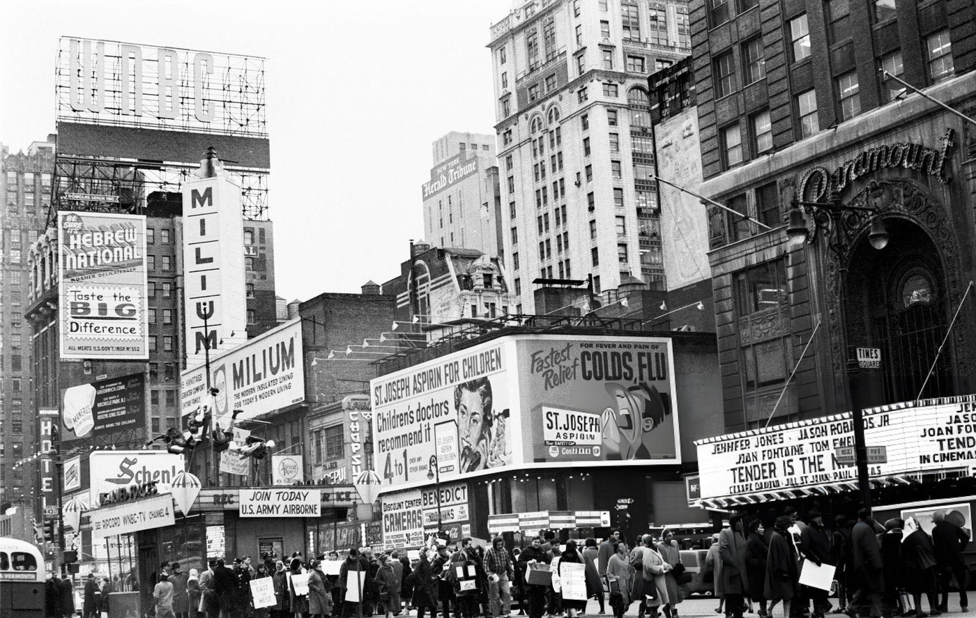 Anti-Nuclear Protestors March Past The Paramount Theater In Times Square, 1962.