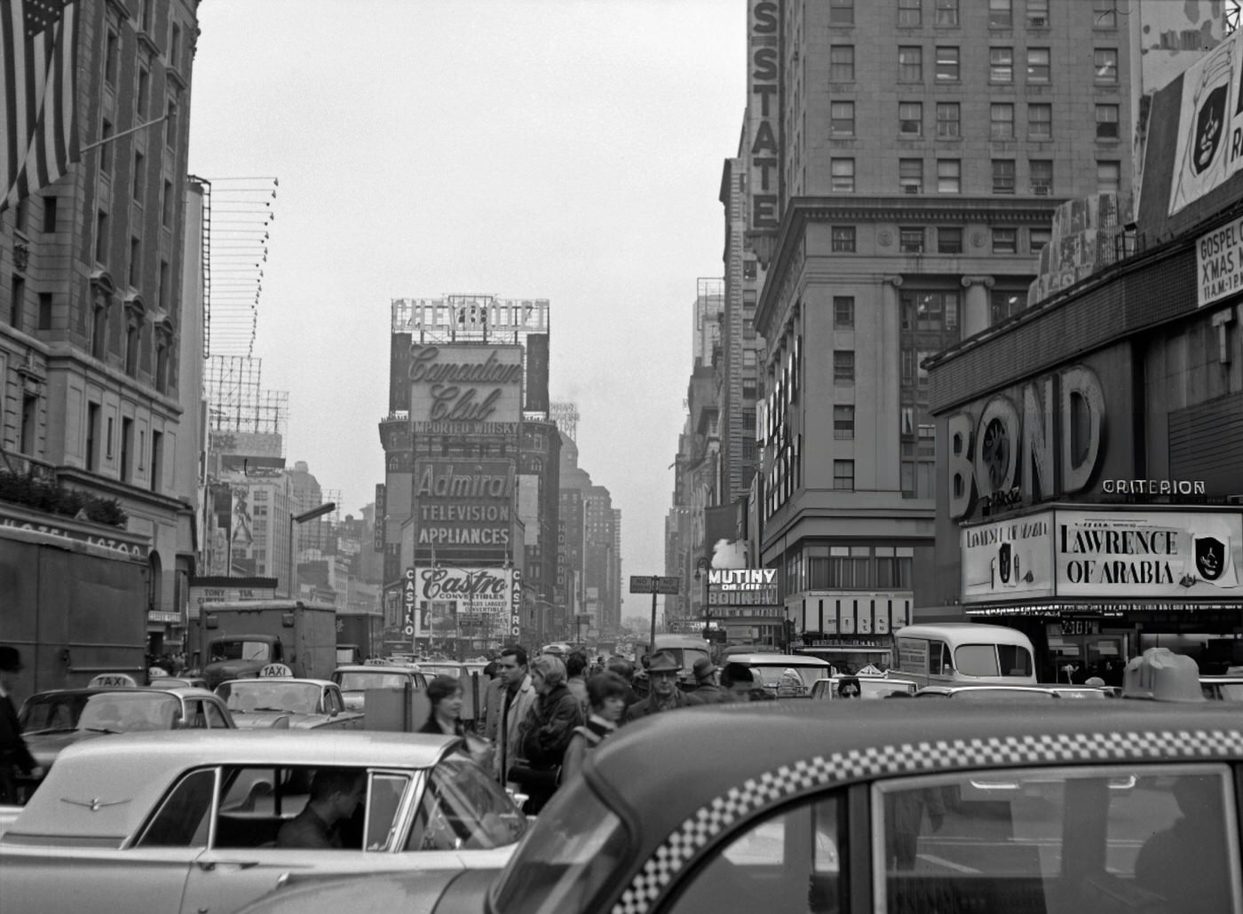 Vehicles And Pedestrians Create Gridlock On Seventh Avenue In Times Square, January 1, 1963.