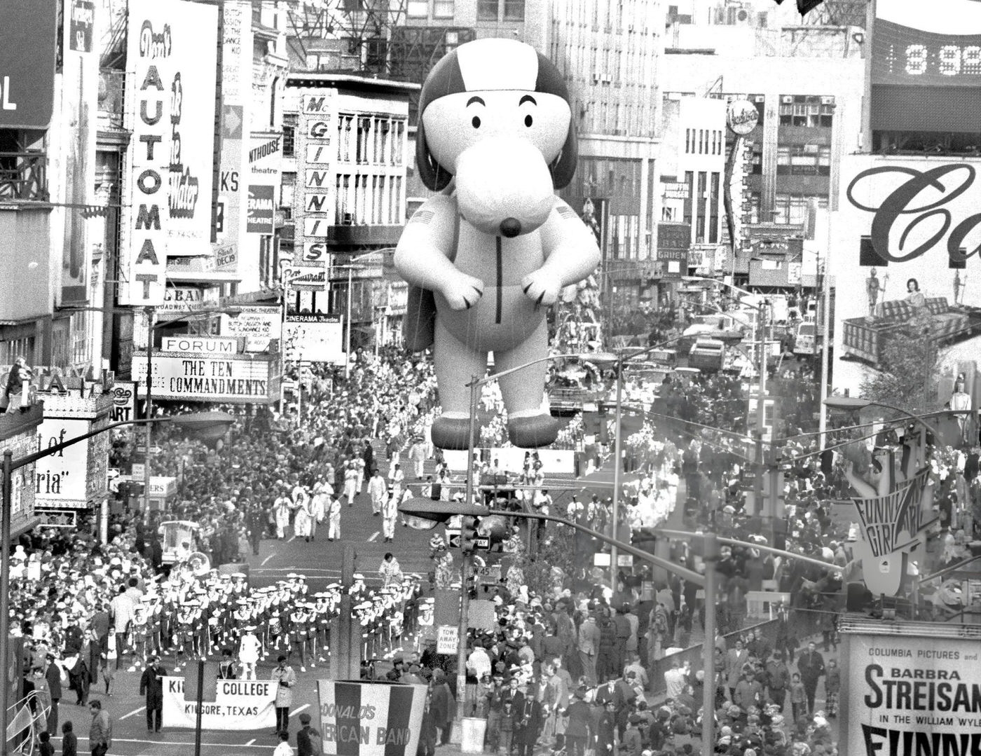 The Kilgore, Texas Band And Snoopy Move Through Times Square During Macy'S Thanksgiving Day Parade, November 27, 1969.