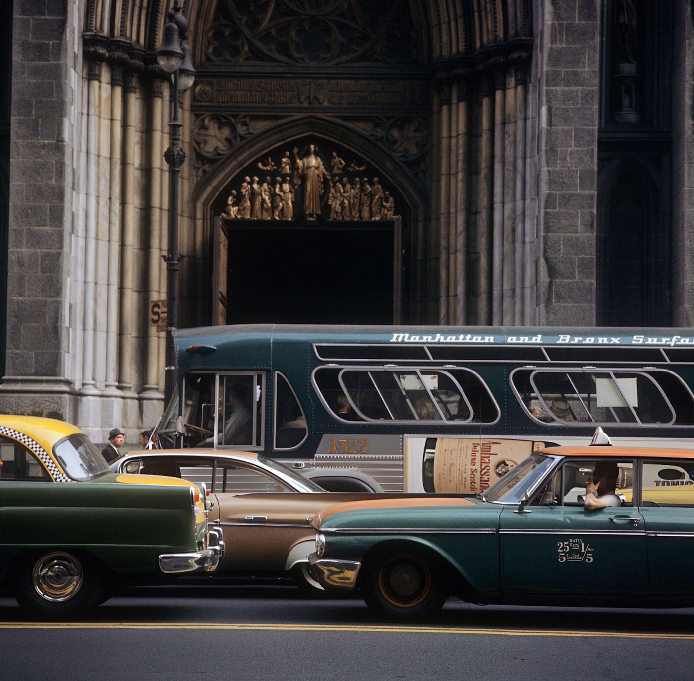 A Street Scene In Front Of A Church Entrance With Cars, Taxis And A Bus In Times Square, 1964.