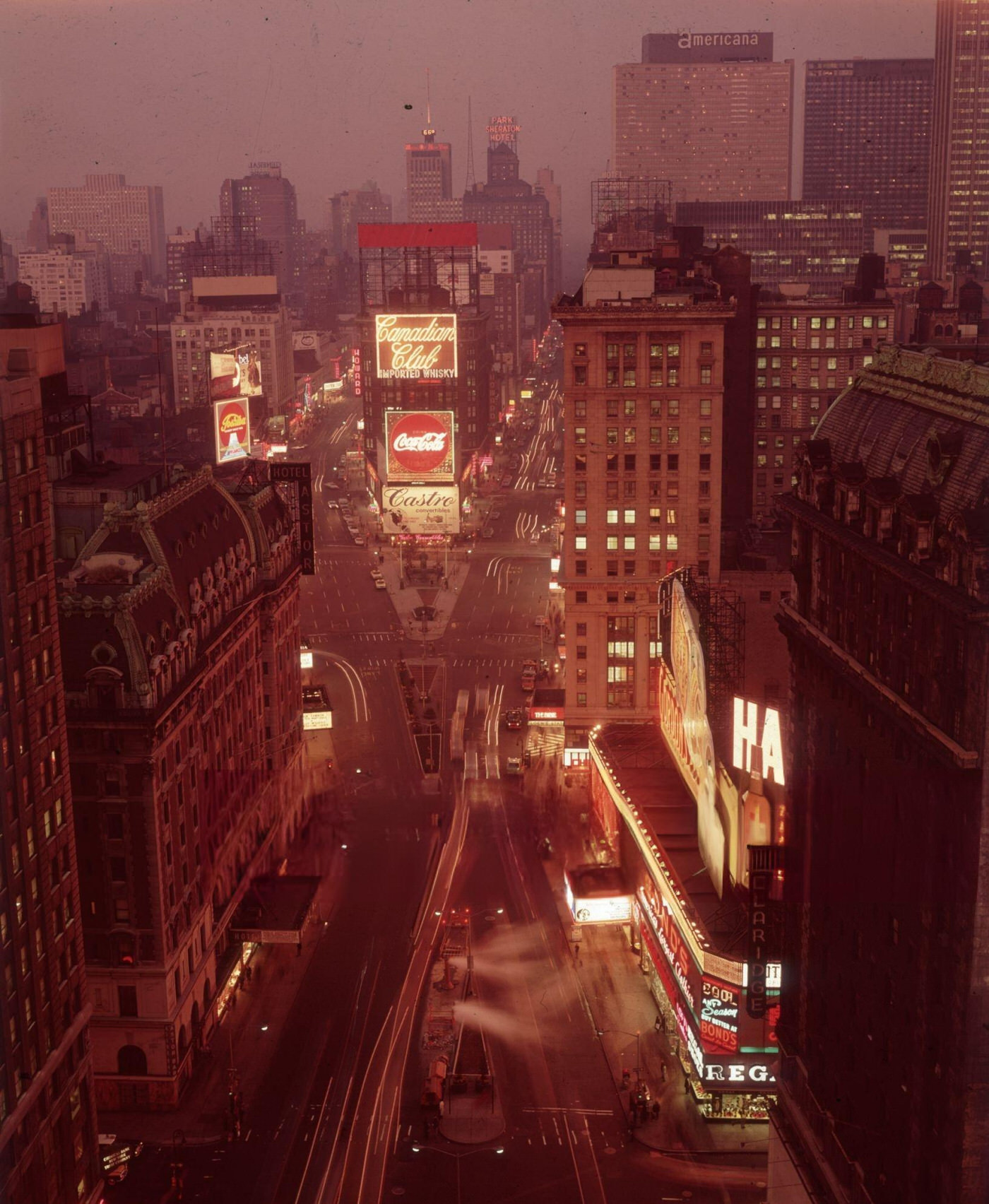 High-Angle View Of Times Square Facing South At Dusk, 1965.