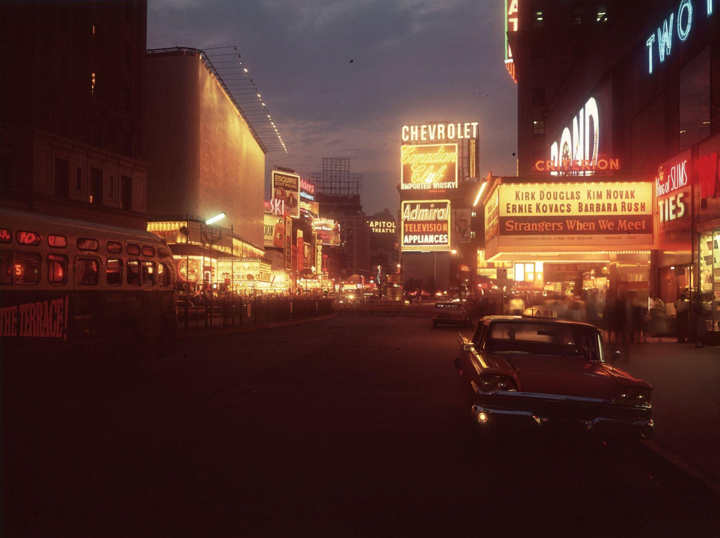 Theater Marquees And Neon Signs Lit Up At Night On Broadway, Times Square, 1960.