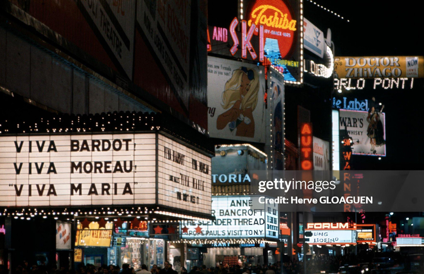 Illuminated Signs &Amp;Quot;Viva Bardot, Viva Moreau, Viva Maria&Amp;Quot; In Times Square, 1965.